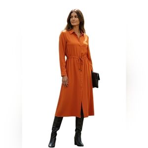 NEW, VILLA, Elegant  Persimmon Orange Button-Down  Drawstring Shirt Dress
